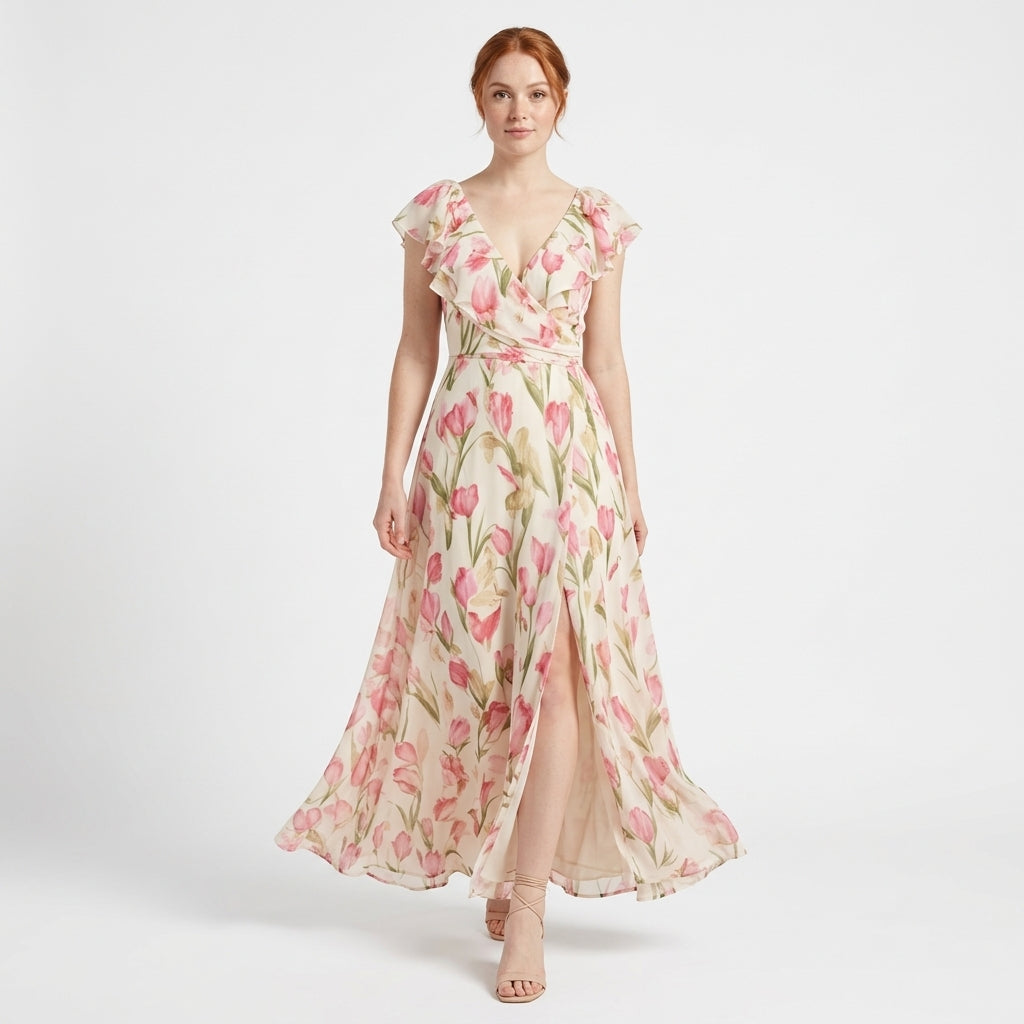 Celeste | Floral Maxi Dress with V-Neck, Flutter Sleeves and Side Slit