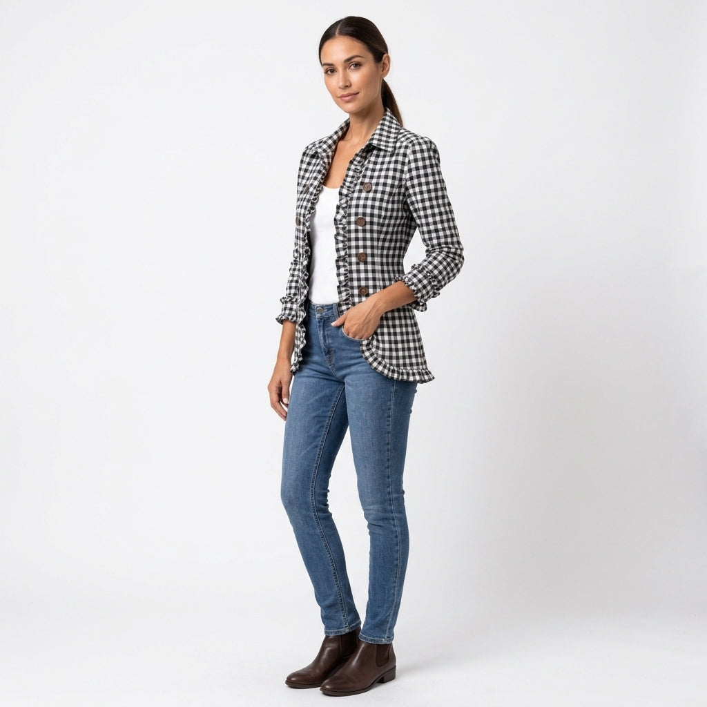 Marina-Louise Women's Gingham Jacket with Ruffle Trim