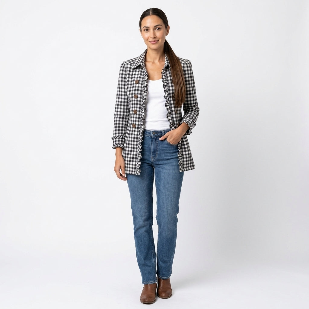 Marina-Louise Women's Gingham Jacket with Ruffle Trim
