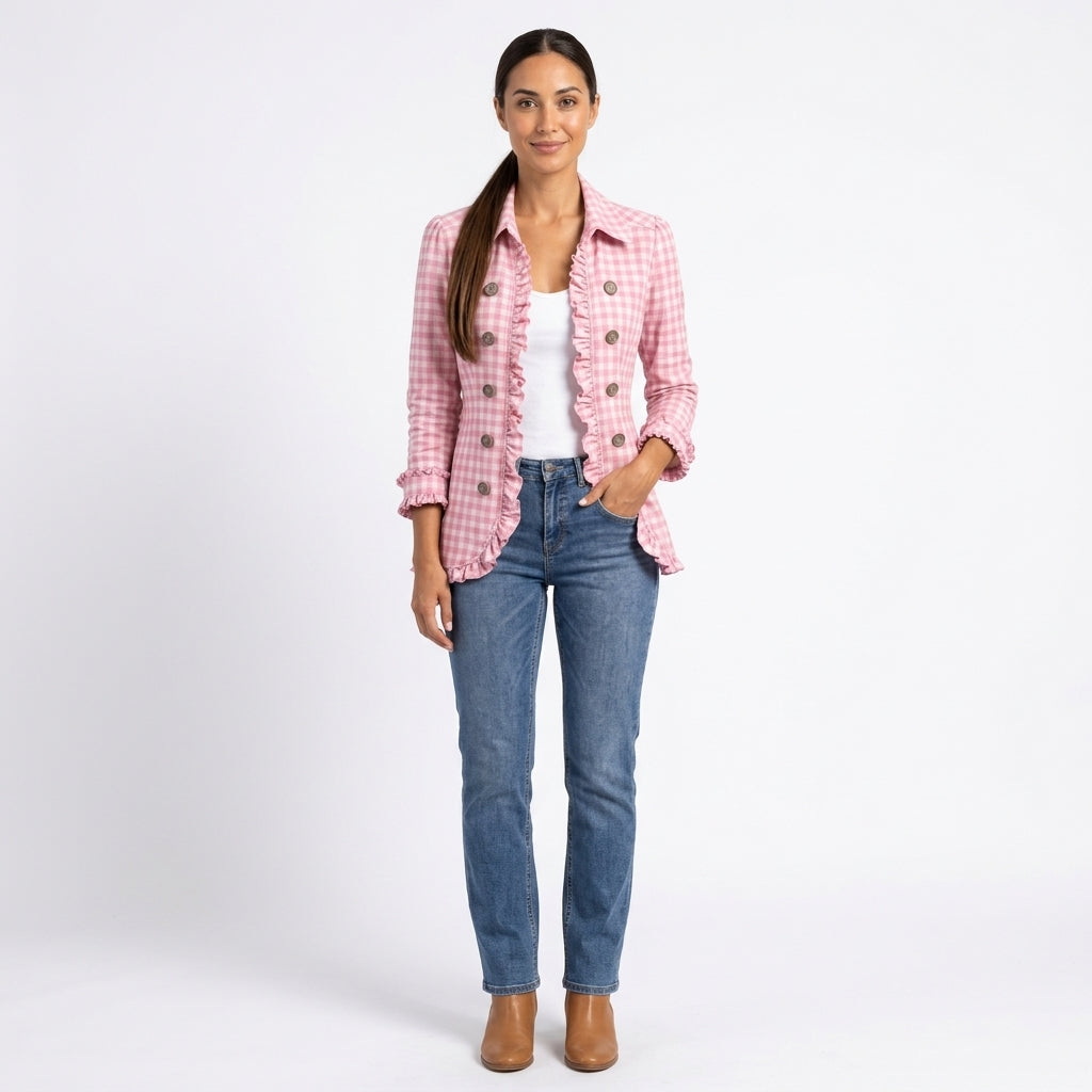 Marina-Louise Women's Gingham Jacket with Ruffle Trim