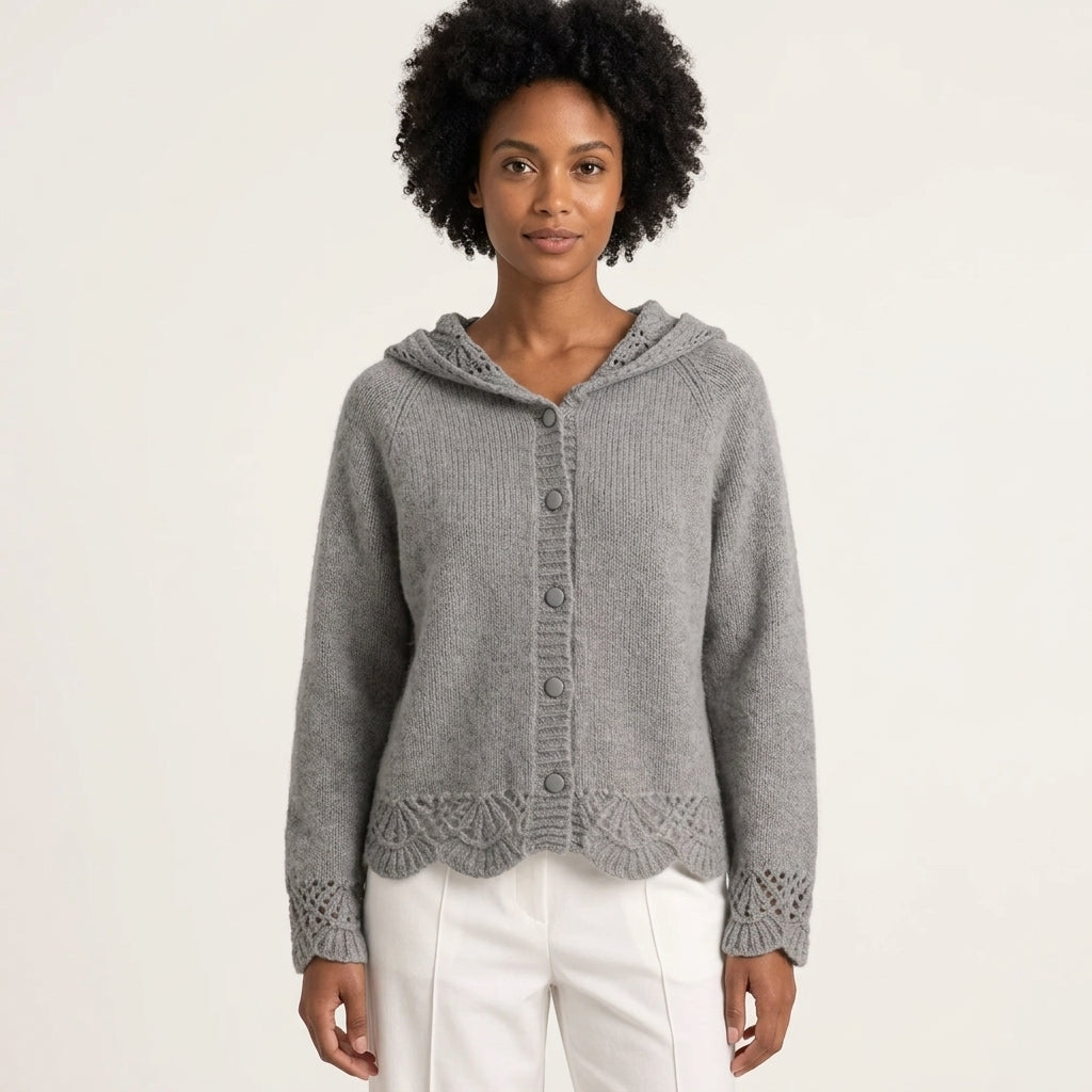 Camilla | Women's Button-Front Hooded Knit Cardigan with Scalloped Openwork Trim