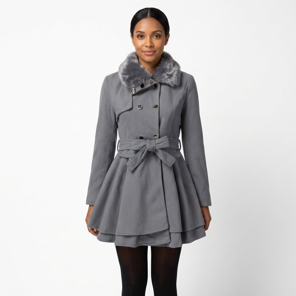 Vivienne | Women's Double-Breasted Wool-Blend Coat with Belt and Faux Fur Collar