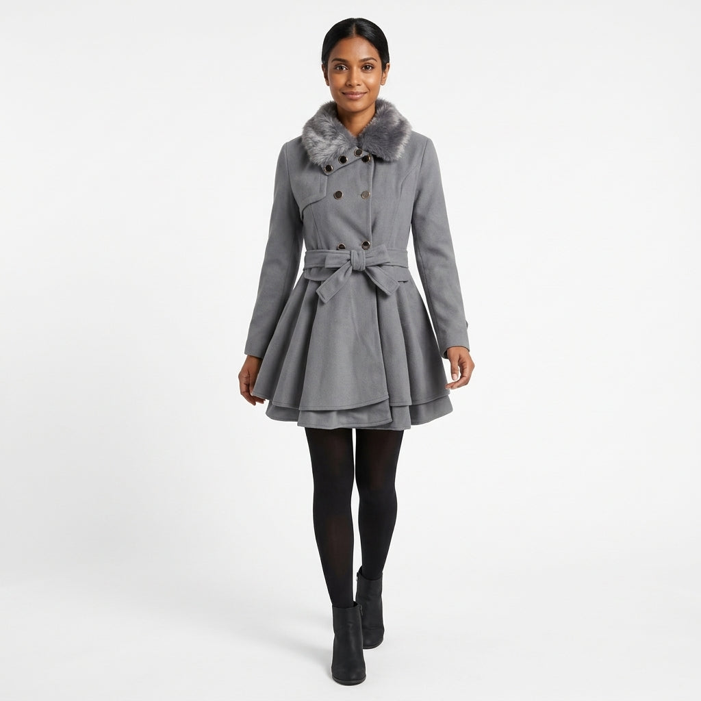 Vivienne | Women's Double-Breasted Wool-Blend Coat with Belt and Faux Fur Collar