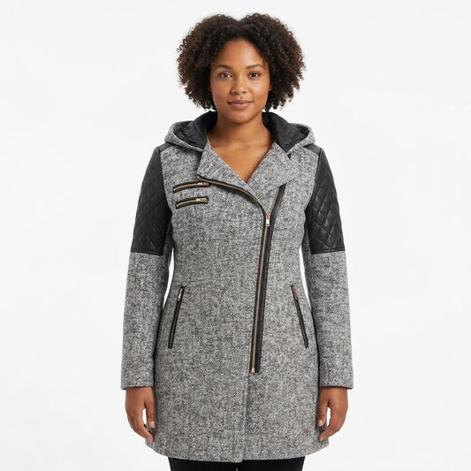Luna Hooded Wool-Blend Coat with Asymmetric Zip and Quilted Panels