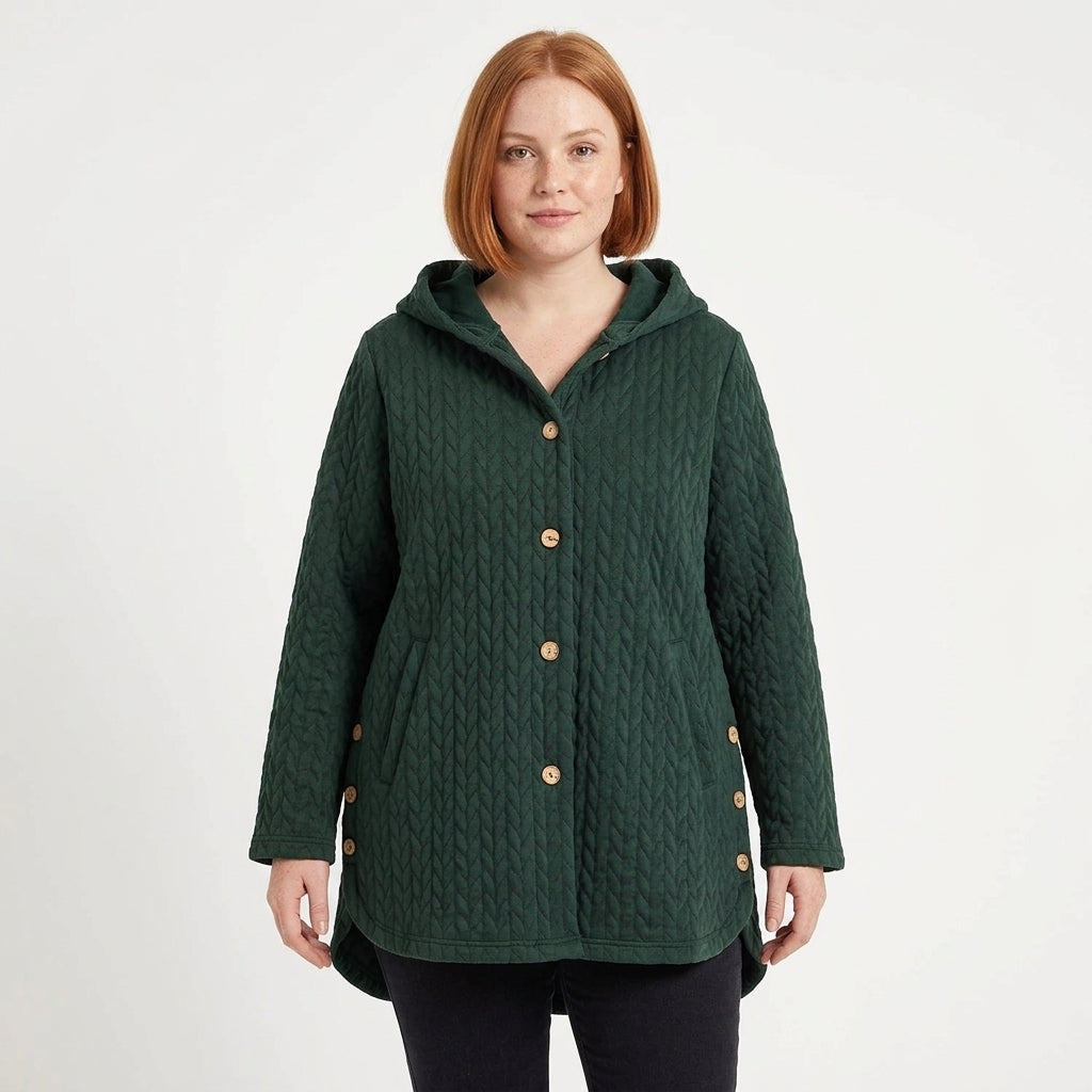 Olivia Hooded Quilted Coat with Button Front and Curved High-Low Hem