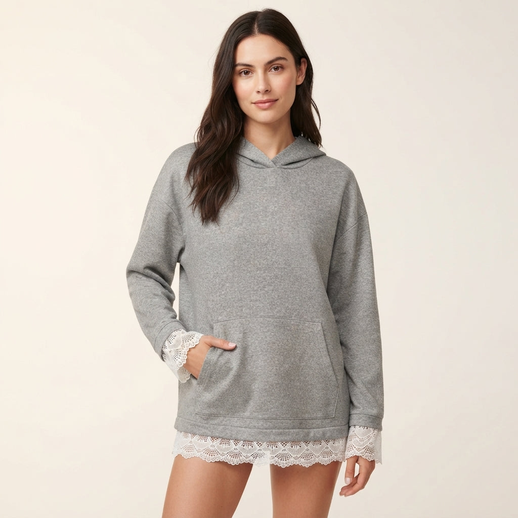 Charlotte Women's Trim Detail Pullover Hoodie with Scalloped Lace Hem