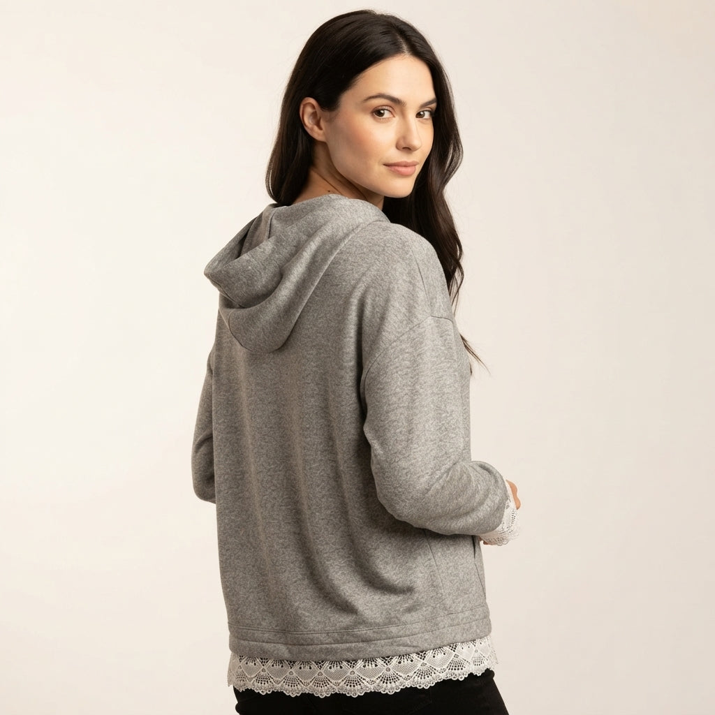 Charlotte Women's Trim Detail Pullover Hoodie with Scalloped Lace Hem