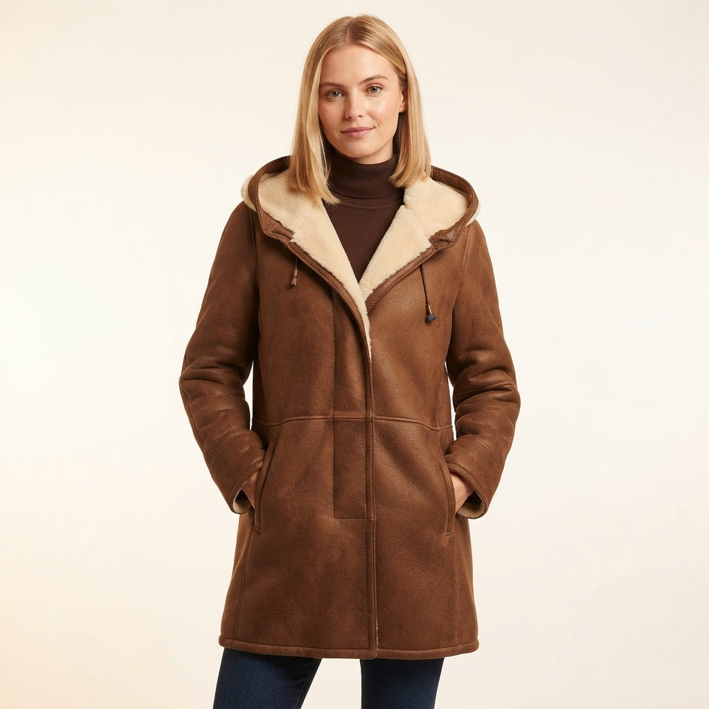 Delilah Women's Hooded Shearling-Look Coat with Toggle Closures
