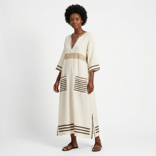 Antonio | Women's Relaxed Striped Kaftan Maxi Dress with V-Neck and Pockets
