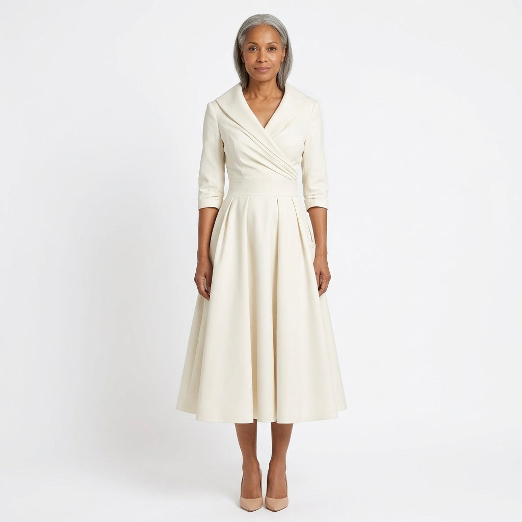 Simone-Skye wrap-bodice midi dress with shawl collar and pockets