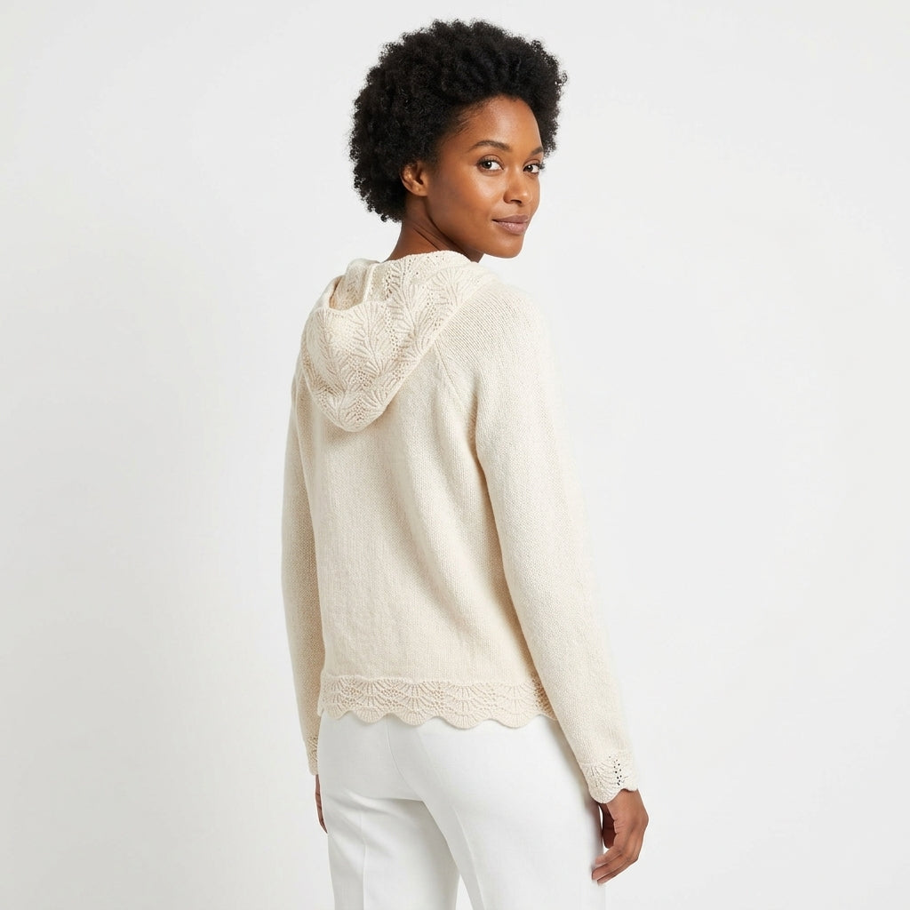 Camilla | Women's Button-Front Hooded Knit Cardigan with Scalloped Openwork Trim