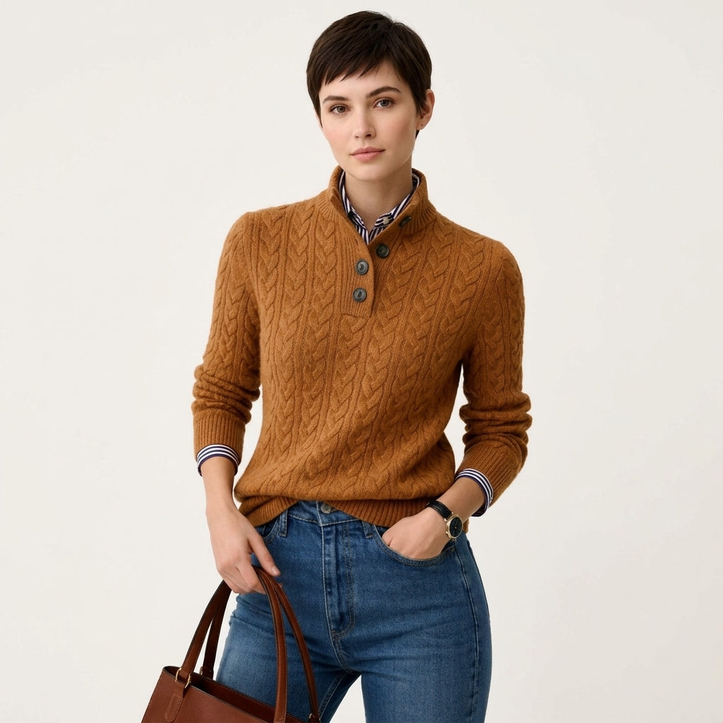 Madison | Women's Cable Knit Button-Neck Wool Blend Pullover Sweater