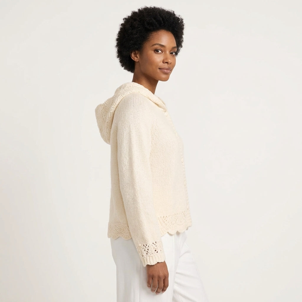 Camilla | Women's Button-Front Hooded Knit Cardigan with Scalloped Openwork Trim