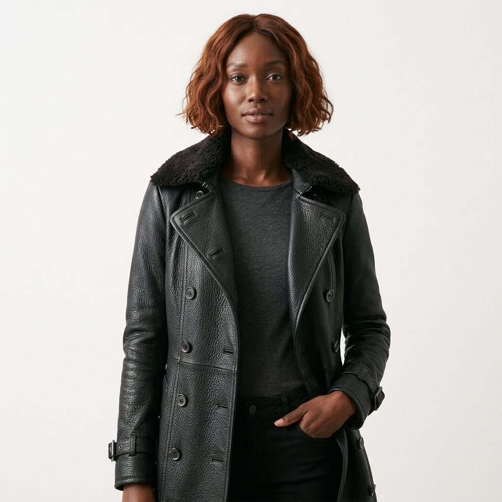 Camila Double-Breasted Leather Coat with Shearling Collar