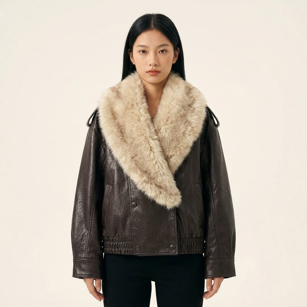 Soerana Faux Leather Jacket with Faux Fur Collar