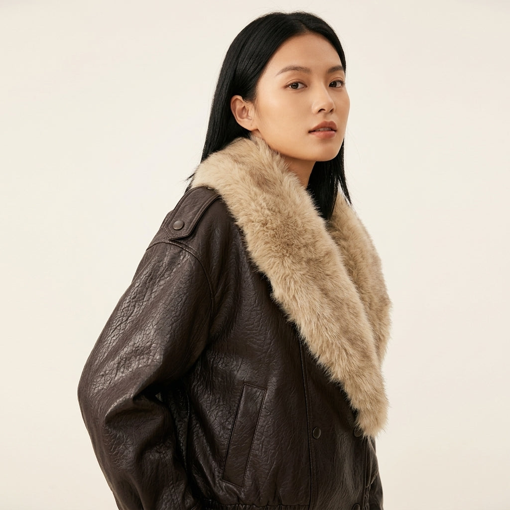 Soerana Faux Leather Jacket with Faux Fur Collar
