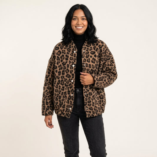Evelyn | Women's Oversized Leopard Print Snap-Button Quilted Jacket