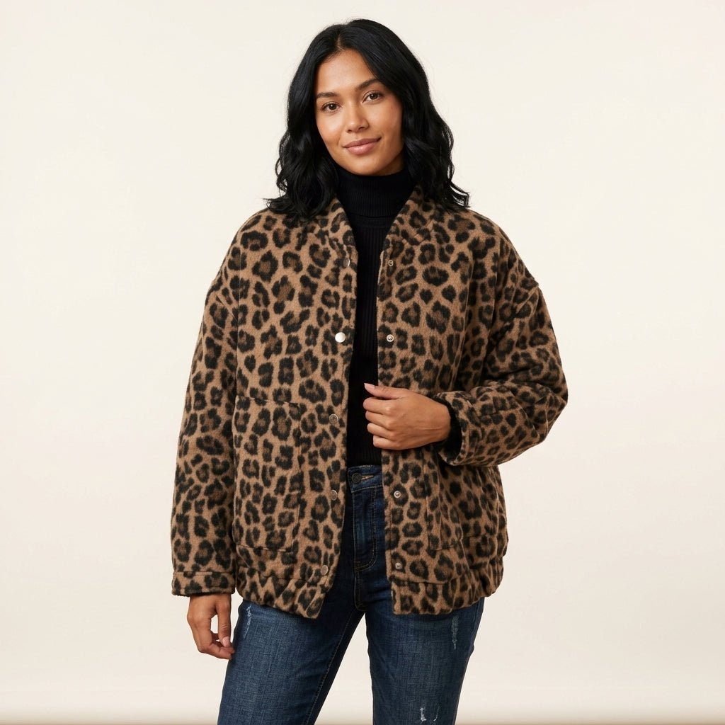 Evelyn | Women's Oversized Leopard Print Snap-Button Quilted Jacket