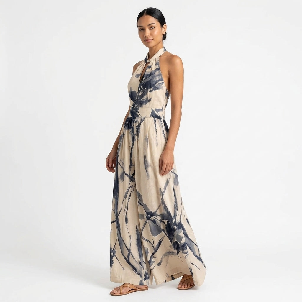 Aria | Artistic Print Halter Maxi Dress with Defined Waist