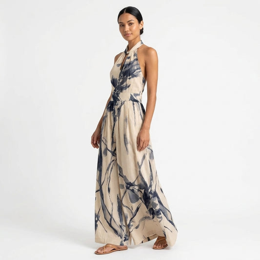 Aria | Artistic Print Halter Maxi Dress with Defined Waist