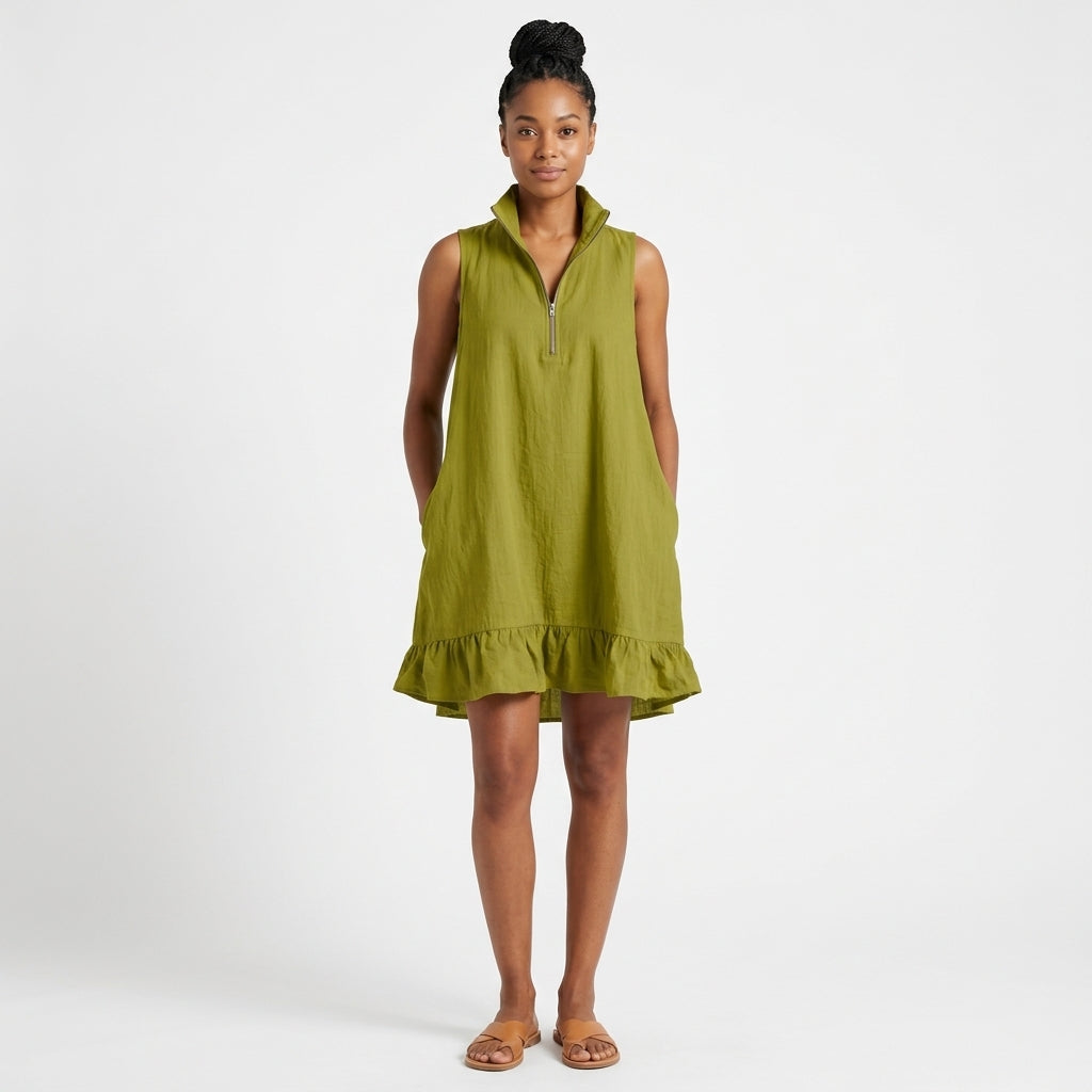 Kendall | Sleeveless Cotton Mini Dress with Half-Zip Neckline and Ruffle Hem