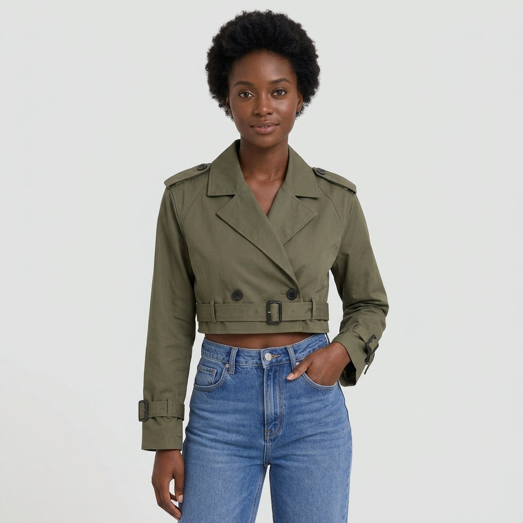 Evelyn | Women's Cropped Double-Breasted Belted Trench Jacket