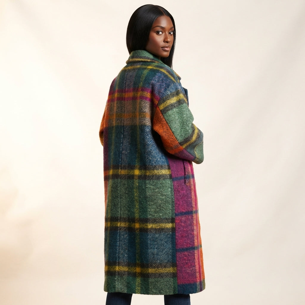 Josie Women's Oversized Plaid Print Long Coat with Notched Lapel