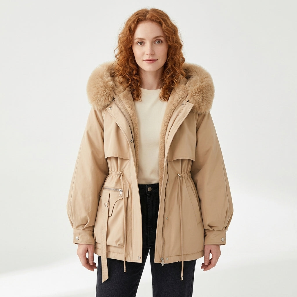 Elodie | Women's Puffer Jacket with Faux Fur-Trimmed Hood and Drawstring Waist