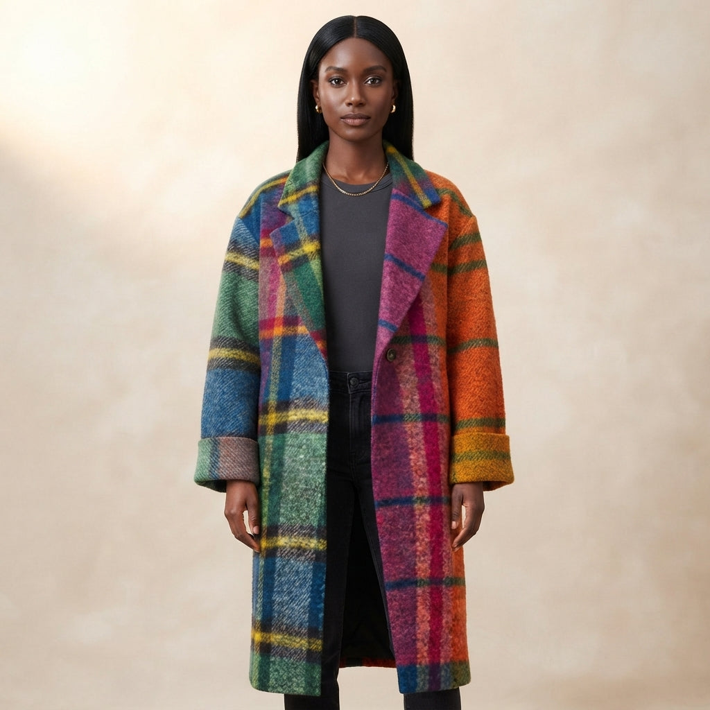 Josie Women's Oversized Plaid Print Long Coat with Notched Lapel