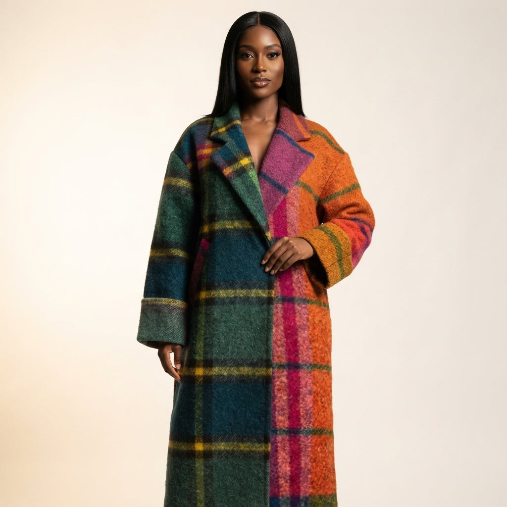 Josie Women's Oversized Plaid Print Long Coat with Notched Lapel