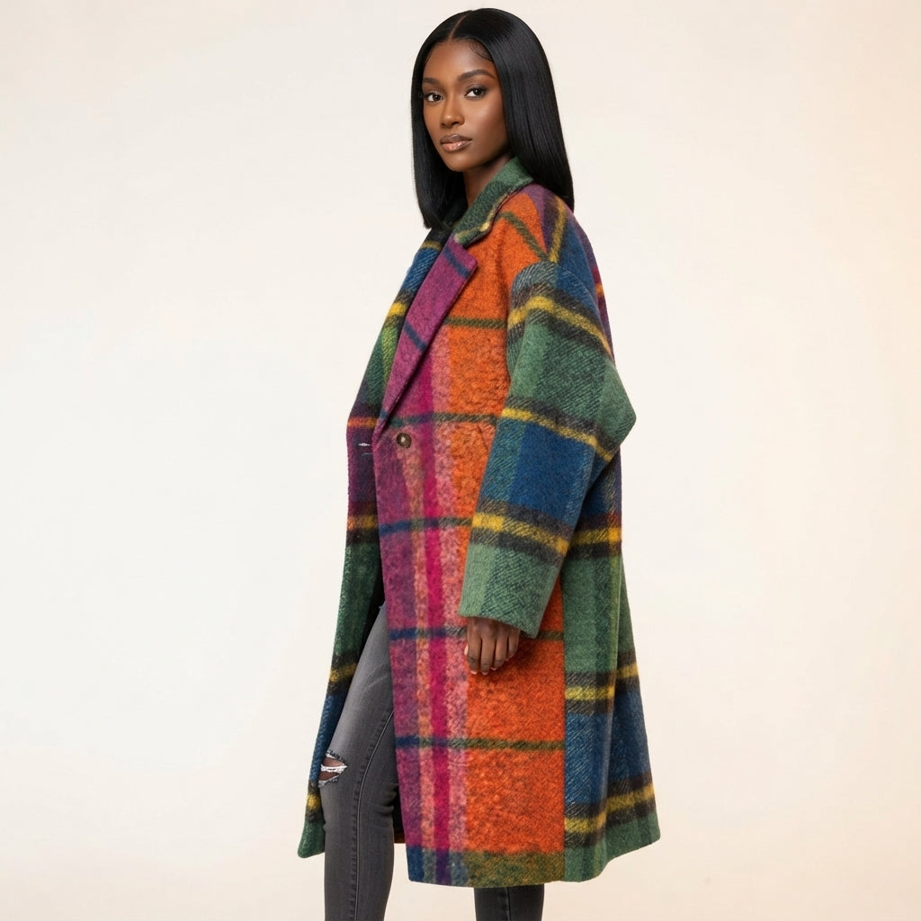 Josie Women's Oversized Plaid Print Long Coat with Notched Lapel