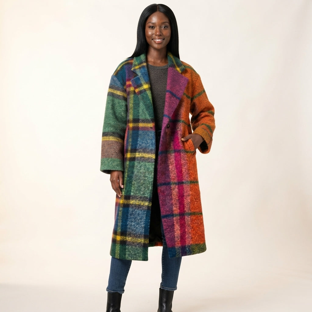 Josie Women's Oversized Plaid Print Long Coat with Notched Lapel