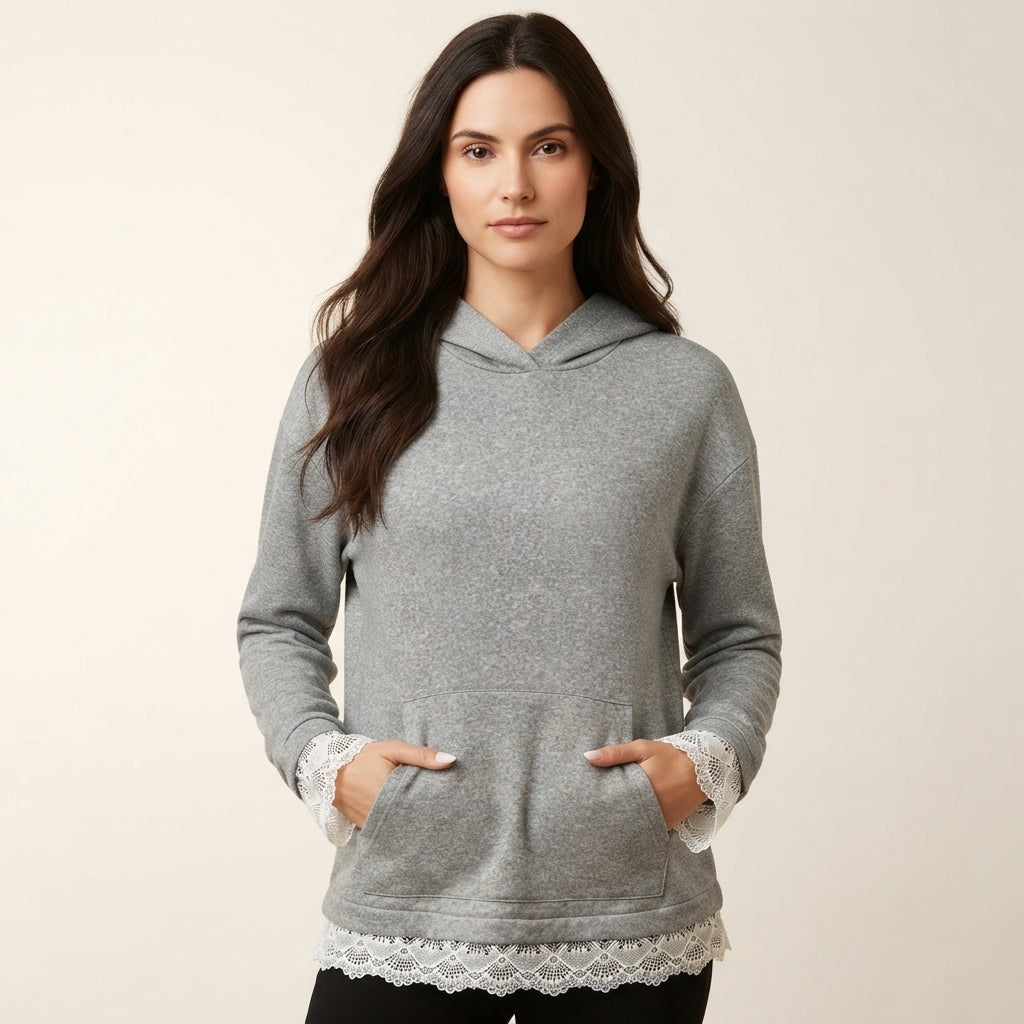 Charlotte Women's Trim Detail Pullover Hoodie with Scalloped Lace Hem