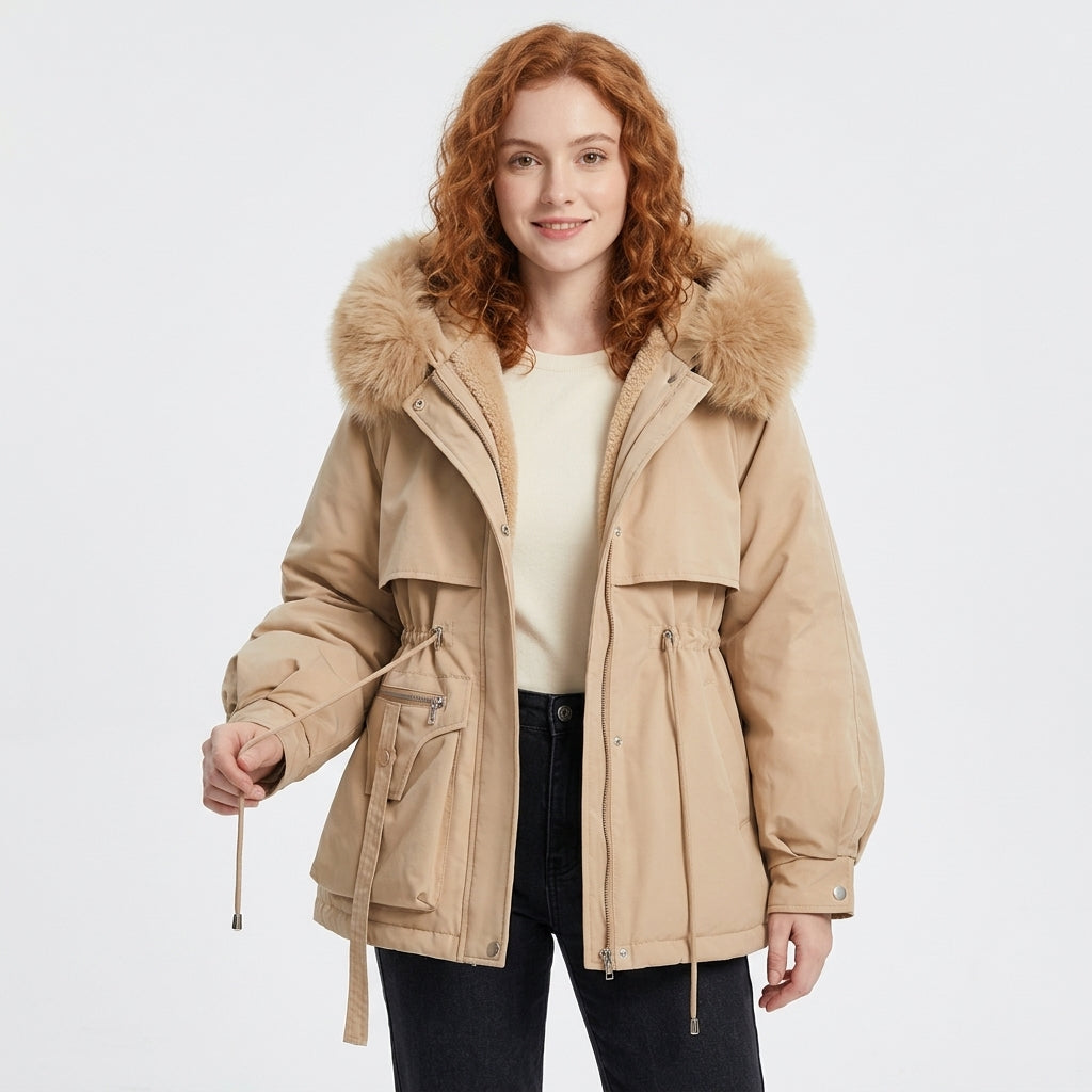 Elodie | Women's Puffer Jacket with Faux Fur-Trimmed Hood and Drawstring Waist