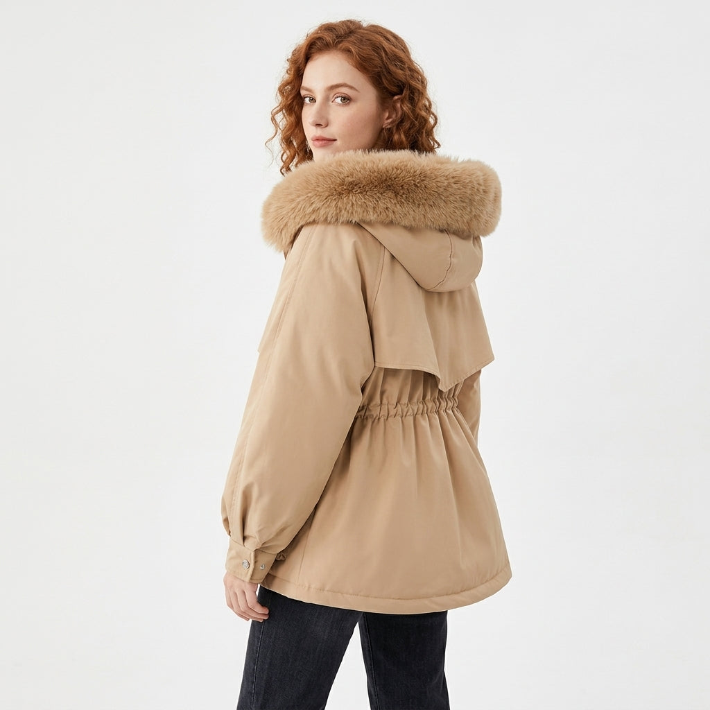 Elodie | Women's Puffer Jacket with Faux Fur-Trimmed Hood and Drawstring Waist