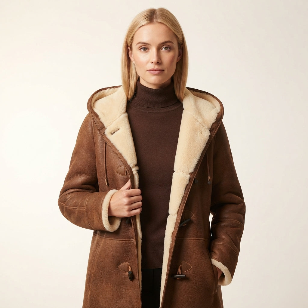 Delilah Women's Hooded Shearling-Look Coat with Toggle Closures