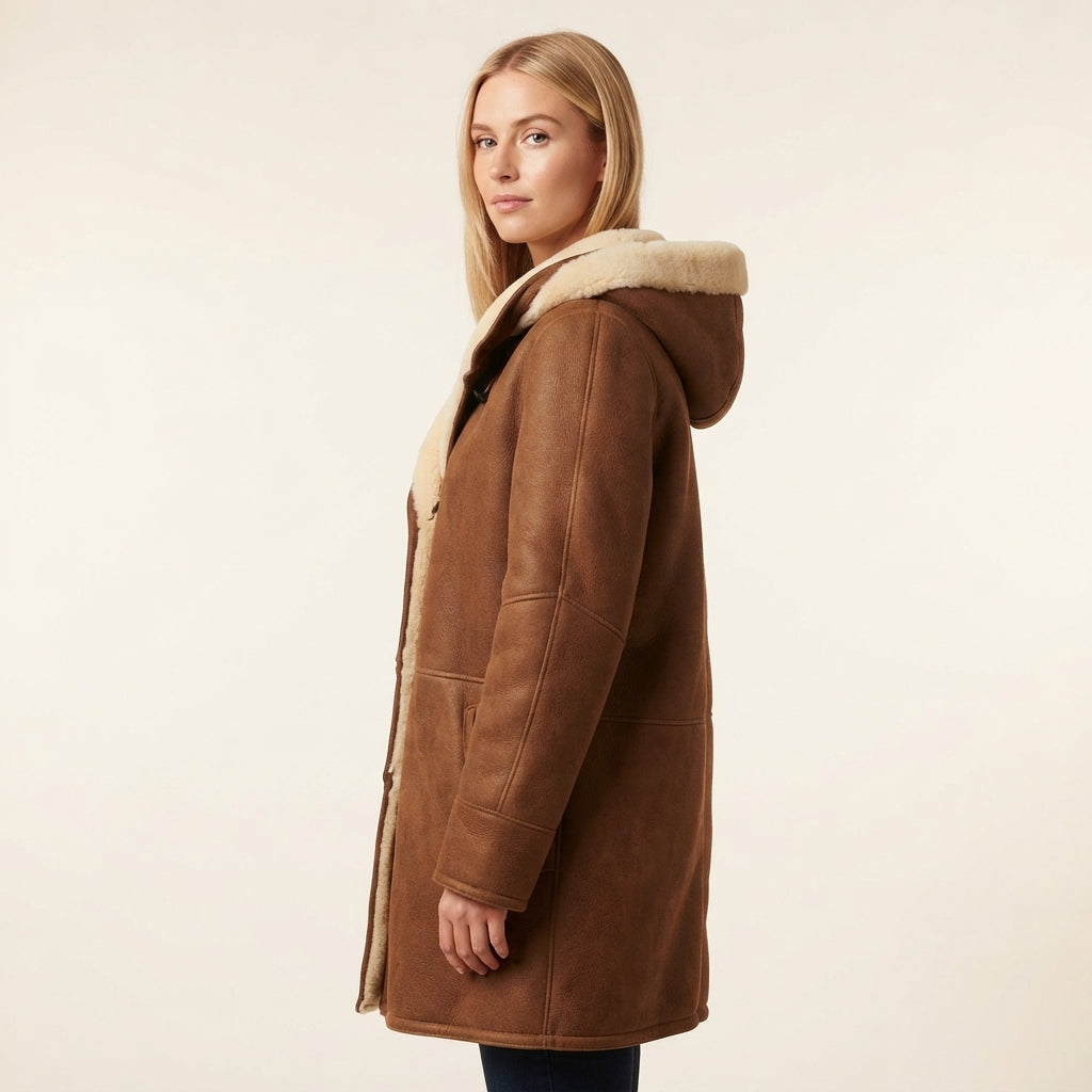 Delilah Women's Hooded Shearling-Look Coat with Toggle Closures