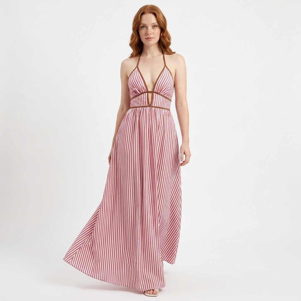Valencia Striped Halter Neck Open-Back Maxi Dress
