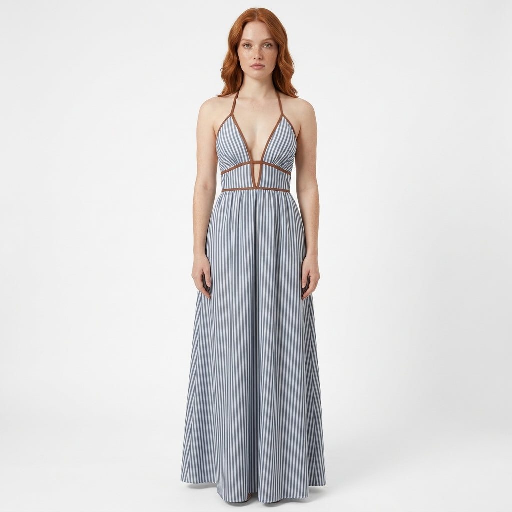 Valencia Striped Halter Neck Open-Back Maxi Dress