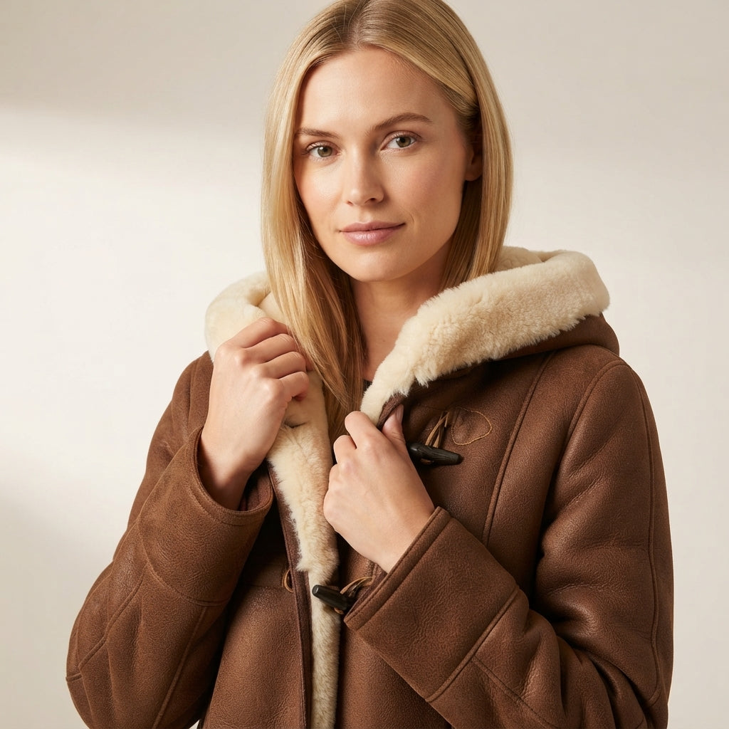 Delilah Women's Hooded Shearling-Look Coat with Toggle Closures