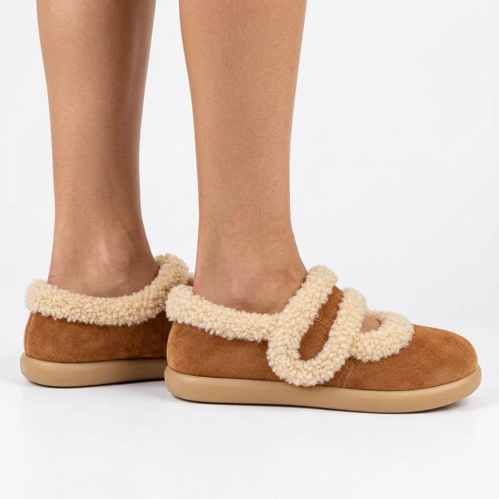 Danica Suede-Look Plush-Lined Slippers with Fluffy Strap Detail