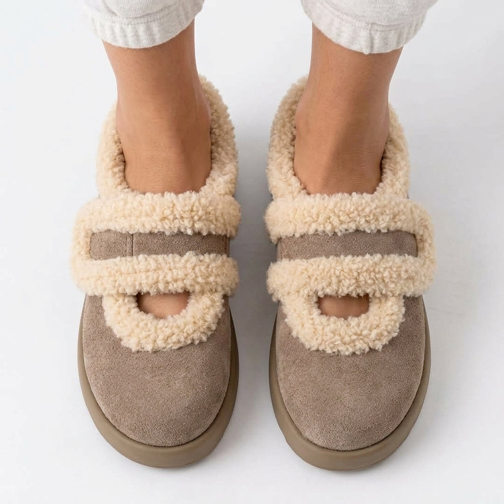 Danica Suede-Look Plush-Lined Slippers with Fluffy Strap Detail