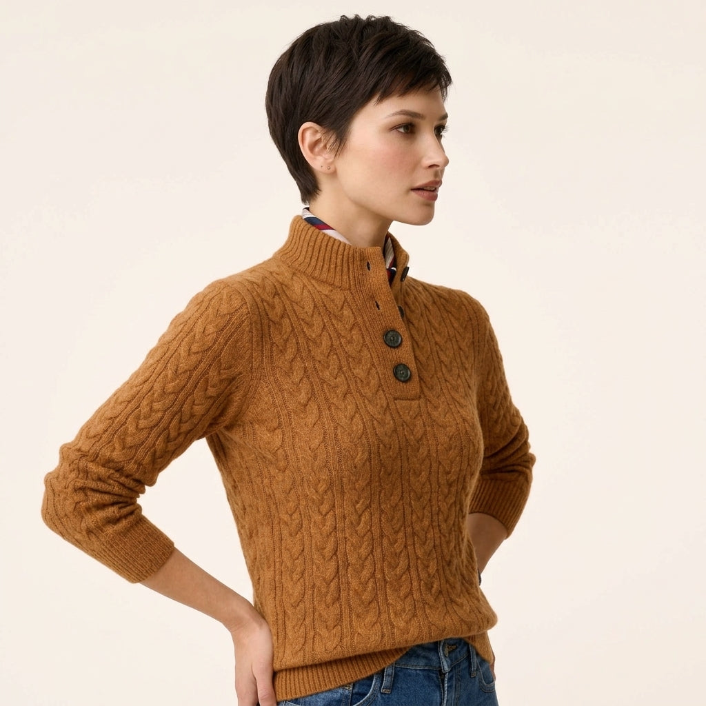 Madison | Women's Cable Knit Button-Neck Wool Blend Pullover Sweater