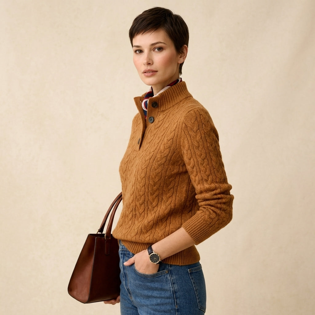 Madison | Women's Cable Knit Button-Neck Wool Blend Pullover Sweater