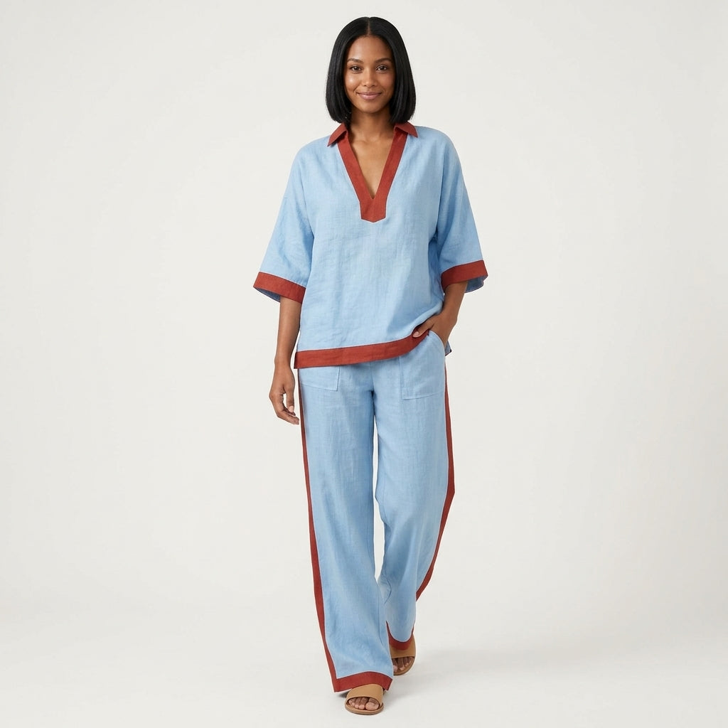 Marissa | Women's Contrast-Trim Two-Piece Set with V-Neck Top and Wide-Leg Pants