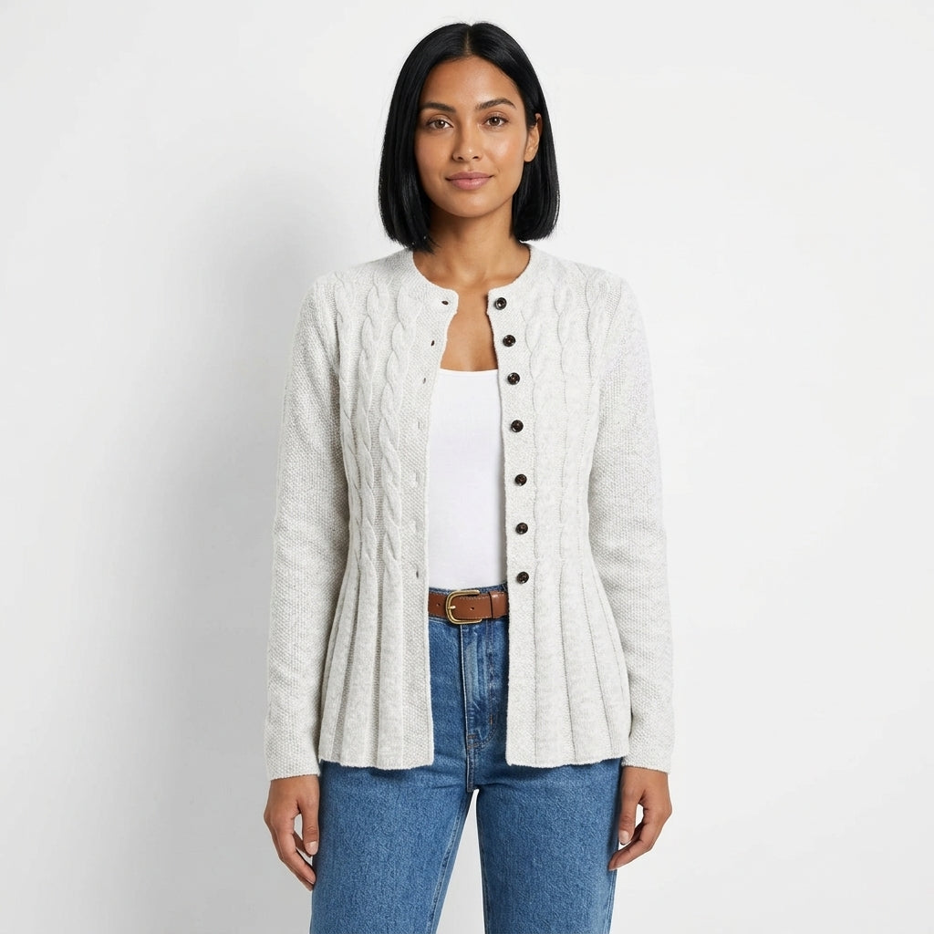 Fenn | Women's Cable-Knit Button-Front Cardigan with Peplum Hem