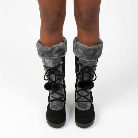 Victoria – Tall Winter Boots with Faux-Fur Cuff and Pom-Pom Laces