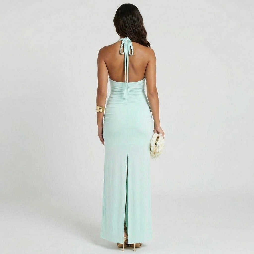 Sleeveless Halter Maxi Dress with Ruched Deep V-Neckline