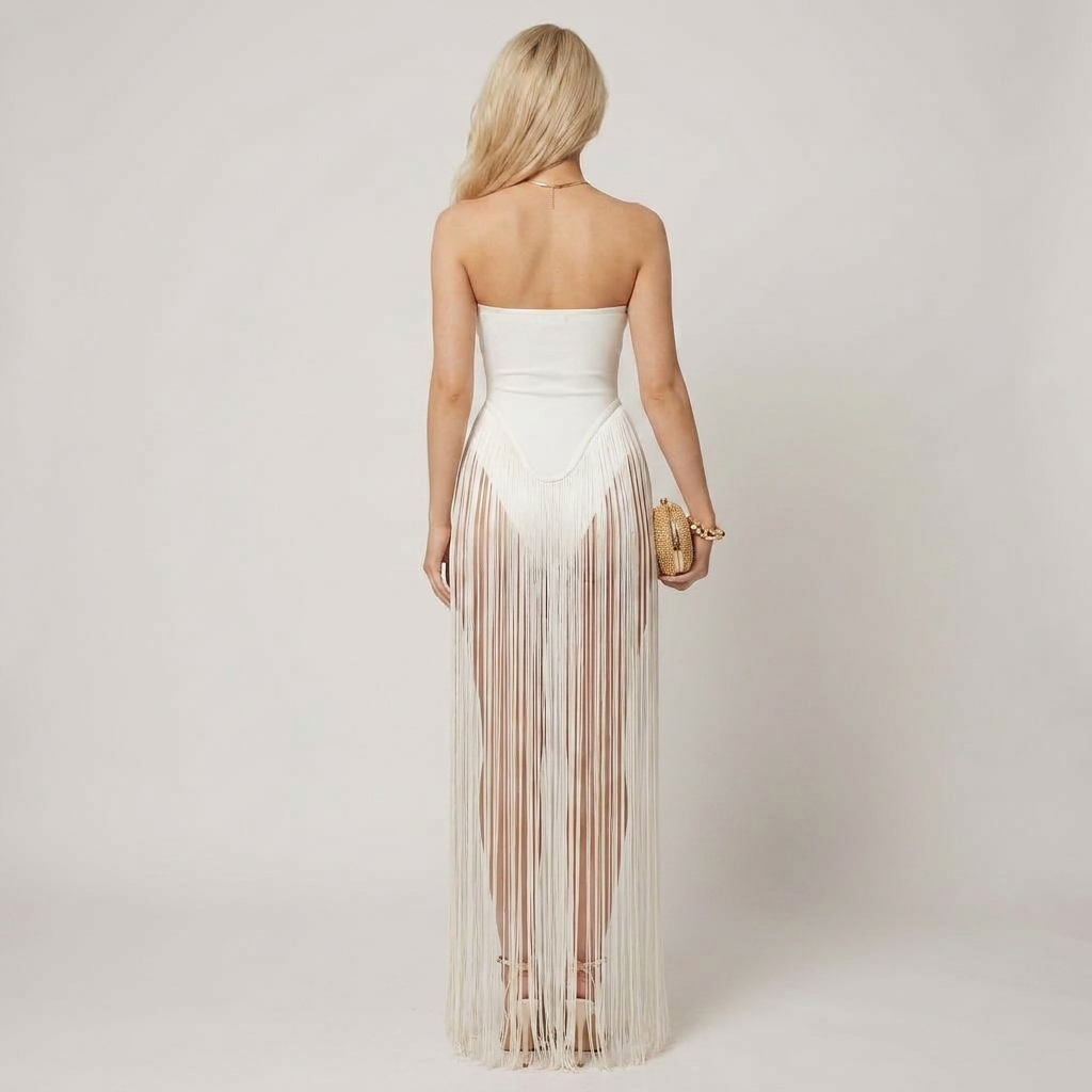 Strapless Bandage Maxi Dress with Waist Fringe Panel Detailing