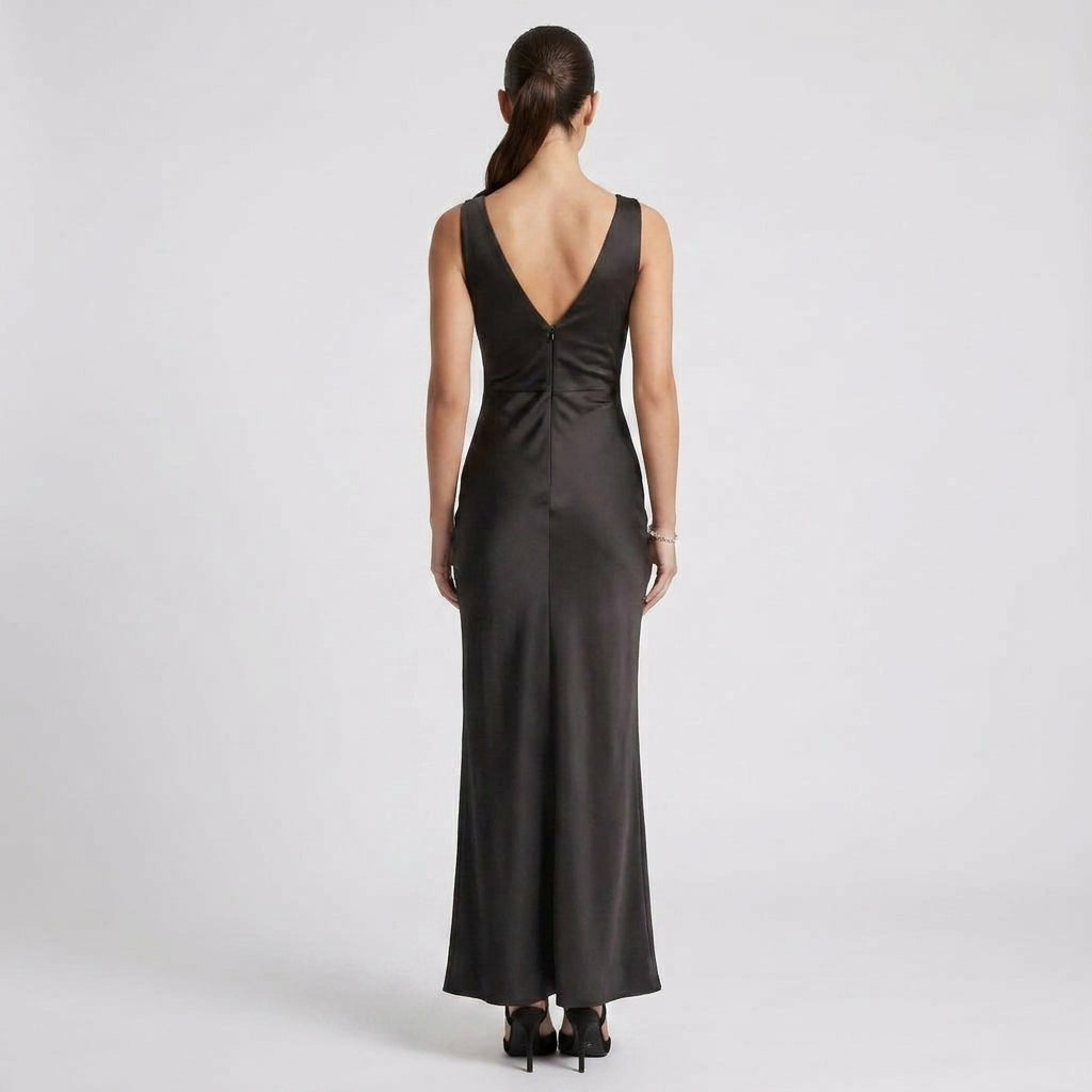 Sleeveless One-Shoulder Satin Maxi Dress